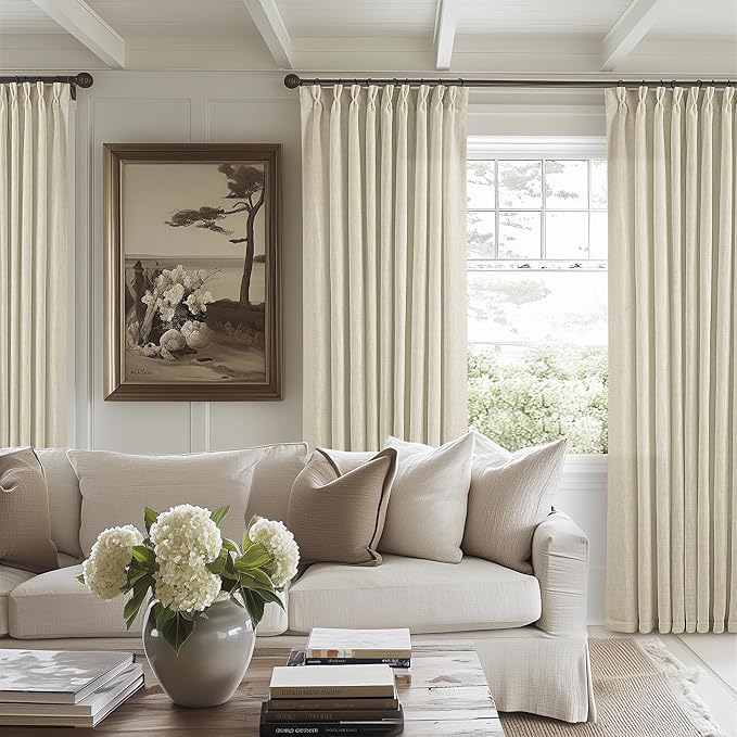 TWODRAPES 60 Inch Width 108 Inches Long Linen Pinch Pleat Curtains 1 Panel | Light Filtering Semi Sheer Privacy, Room Divider, Pinch Pleat Curtains for Sliding Door Dining Bedroom Large Window, W60xL108