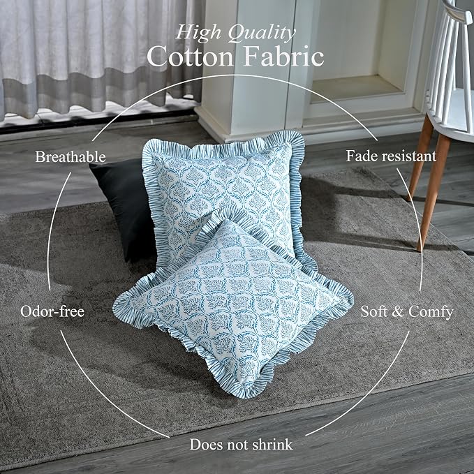 CPC Indigo Regal Hand Block Print 100% Cotton Ruffle Throw Pillow Cover 20x20 inch with Hidden Zipper Decorative for Couch, Bed, Sofa, Farmhouse, Cottagecore Decor Gift Christmas Fall Thanksgiving