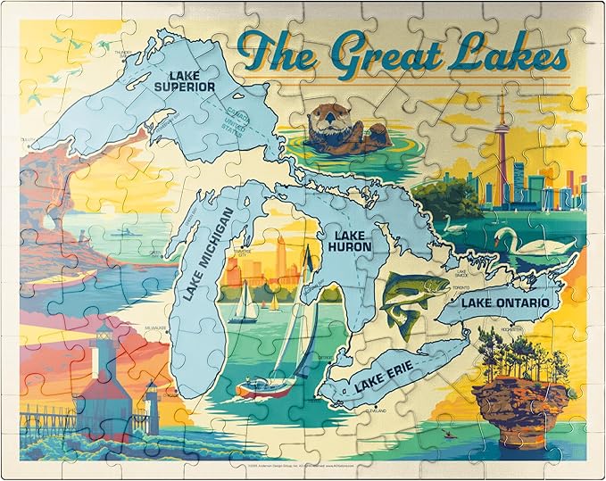 MyPuzzle The Great Lakes Illustrated Map and Landmarks - Premium 100 Piece Jigsaw Puzzle for Adults