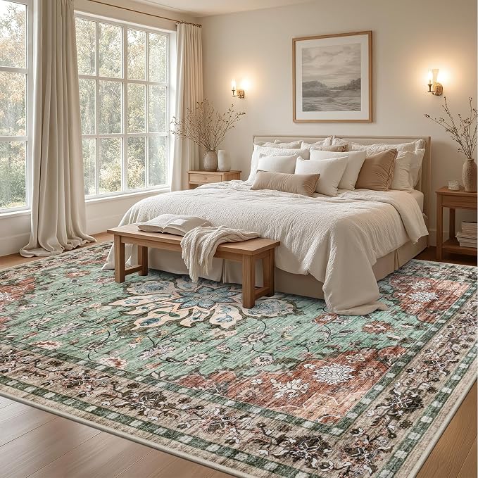 Area Rugs 10x14 Living Room Rug: Washable Rug Soft Vintage Distressed Floral Carpet Indoor Non-Slip Stain Resistant Large Carpets for Bedroom Dining Room Farmhouse Nursery Home Office Brown Green