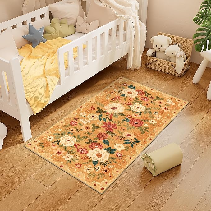 DUKINO 2x4 Entryway Rug, Floral Washable Kitchen Rugs Non Slip, Orange | Low Pile, Soft Indoor Runner Rug for Hallway, Bedroom, Bathroom, Laundry, Pet Friendly, Modern Home Decor, Stain Resistant