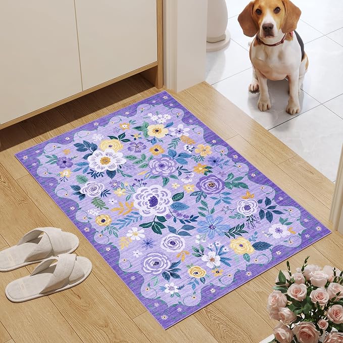DUKINO 2x3 Entryway Rug, Floral Door Mat Soft Washable Rug Non Slip, Purple | Low Pile, Non-Shedding Small Rug for Kitchen, Entrance, Bedroom, Bathroom, Pet Friendly, Stain Resistant, Modern Home Decor