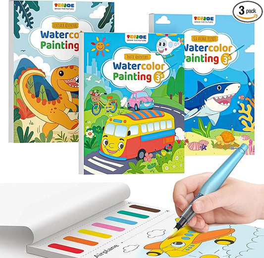 TECJOE 3 Pack Paint with Water Coloring Books for Toddlers, Watercolor Paint Set with 6 Brushes, Mess Free Painting for Kids Ages 4-8, Birthday Gifts Arts & Crafts Toy - Traffic, Sea, Dinosaur