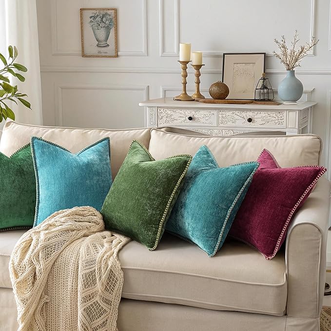 decorUhome Soft Chenille Throw Pillow Covers 16x16 Set of 2 Rhododendron | Fall Textured Decorative Throw Pillow Cases Stitched Edge Modern Farmhouse Luxury Boho Velvet for Couch Sofa Bed Home Decor