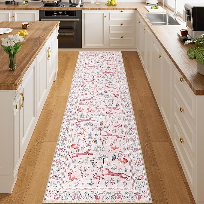 DUKINO 2x8 Washable Runner Rug, Non Slip Animal Kitchen Runner Rug, Pink | Soft, Low Pile, Non-Shedding Indoor Carpet Runner for Hallway, Entryway, Bedroom, Bathroom, Pet Friendly, Stain Resistant
