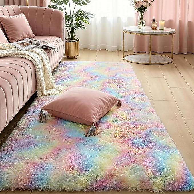KCHOWUA Rainbow Unicorn Fluffy Fuzzy Rug 2x6, 2 Pcs Washable Non Slip | Soft shaggy area rug for girls bedroom, princess kids room, living room, nursery, dorm, and classroom