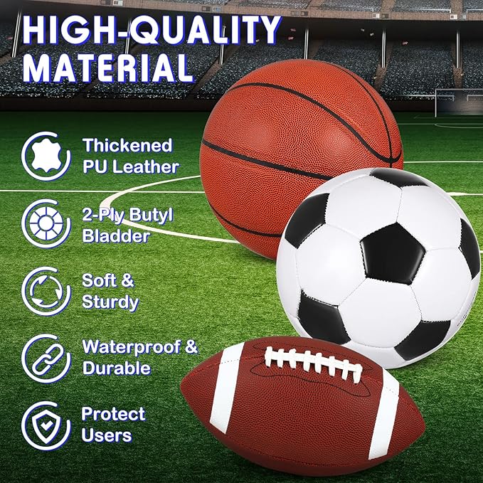 Libima 3 Pcs Sports Ball Set for Kids Teens Include Official Size 5 Basketball 4 Soccer 6 Football with Pump and Carry Bag Training Practice Sport Gift for Kids Teens Back to School