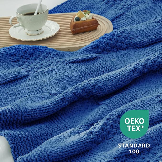 Knit Throw Blanket, Soft Chenille Cozy Breathable Checkered Chunky Decorative Blanket for Couch, Bed & Sofa, French-Inspired Lightweight Warm Gift for Women, Royal Blue, 50"x60"