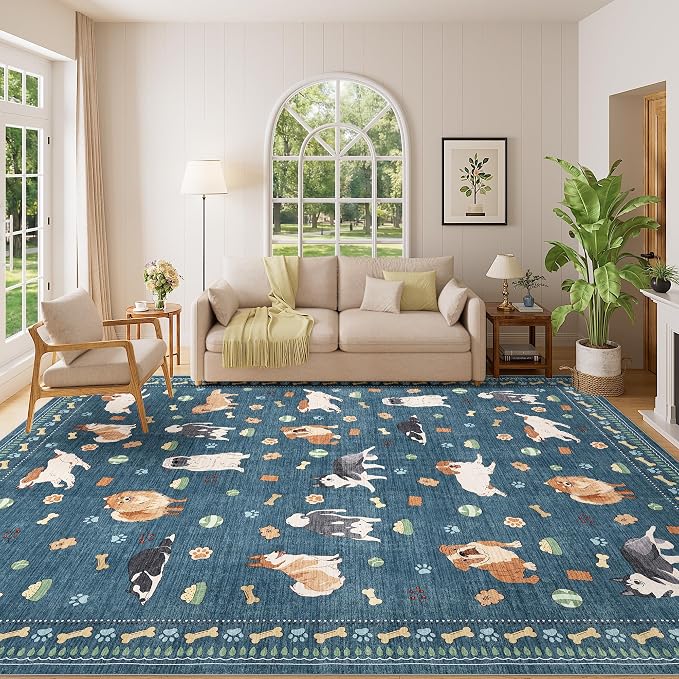 DUKINO 8x10 Area Rug, Washable Dog Rugs for Living Room Soft, Blue | Non Slip, Low Pile, Non-Shedding, Stain Resistant Animal Carpet for Bedroom Dining Room Nursery Farmhouse, Pet & Kid Friendly