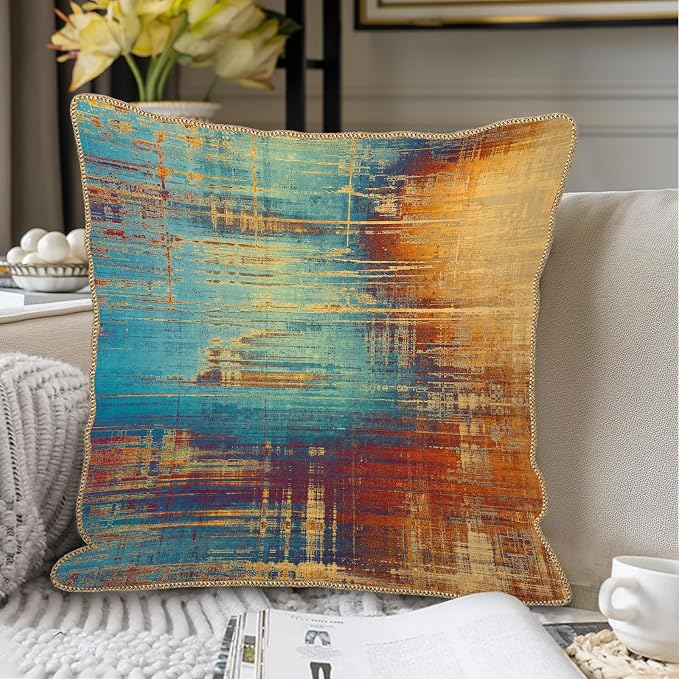 KSLIDS Vintage Abstract Soft Velvet Throw Pillow Covers Set of 2 Blue Orange Messy Rust Painting Decorative Pillow Covers 20x20 Inch Colorful Art Pillow Case for Sofa Couch Living Room Home Decor