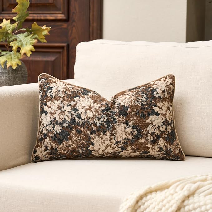 Neutral Floral Pillow Cover 12 x 20 Inches, Vintage Chenille Rectangle Throw Pillow Cover Soft Decorative Farmhouse Accent Couch Pillow Cover for Living Room Bedroom, Coffee Brown