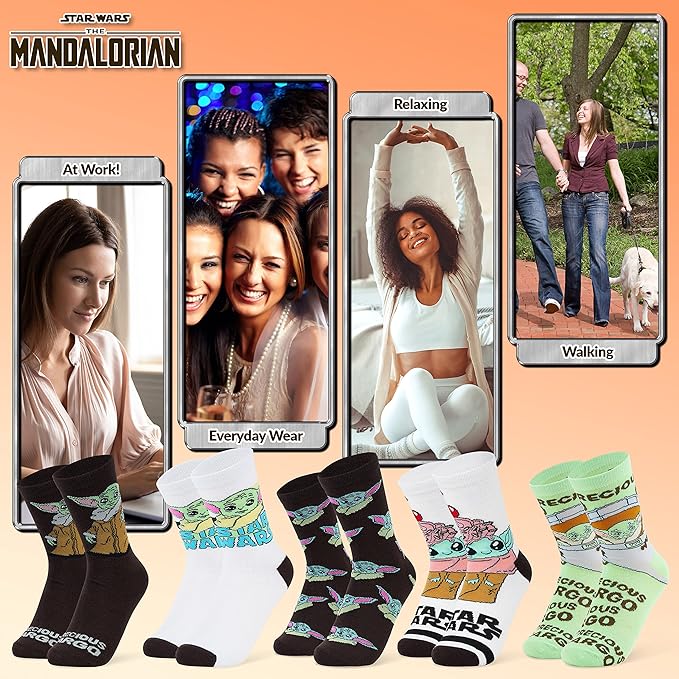 Disney Stitch Socks Gifts for Women Teens, US Size 4-9, Baby Yoda Pack of 5 Fuzzy Casual Crew Socks for Home Sleep Winter