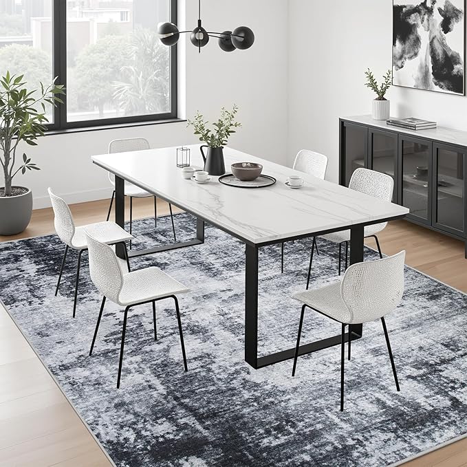 8x8 Area Rug Living Room Rug: Washable Modern Abstract Soft Thin Rug Indoor Floor No Slip Stain Resistant Carpet for Bedroom Dining Room Farmhouse Nursery Home Office - Dark Black