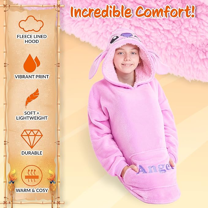 Disney Stitch Fleece Hoodie Blanket for Kids and Teenagers - One Size Fluffy Oversized Hoodie - Stitch Gifts