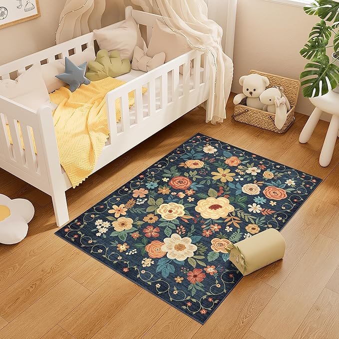 DUKINO 3x4 Area Rug, Floral Washable Rug for Kitchen Non Slip, Navy Blue | Low Pile, Soft, Stain Resistant Indoor Rug for Entryway, Bedroom, Bathroom, Laundry, Pet Friendly, Home Decor, Lightweight