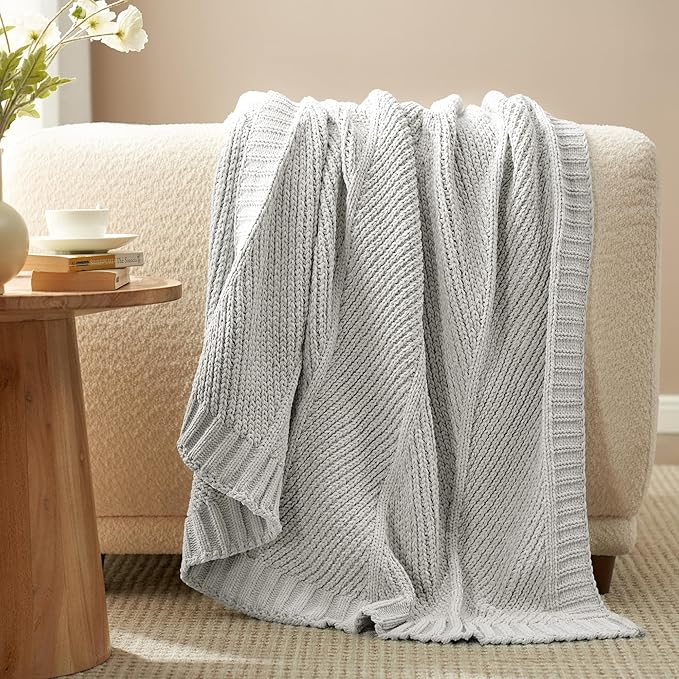 Knit Throw Blanket, Soft Chenille Cozy Breathable Chevron Chunky Decorative Blanket for Couch, Bed & Sofa, French-Inspired Lightweight Warm Gift for Women, Light Gray, 60"x80"