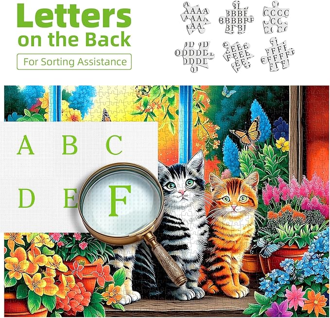 Cat 500 Piece Jigsaw Puzzle - Cute Kittens in Garden Window Design with Butterflies & Flowers | Unique Art Puzzle for Adults for Cat Lovers & Home Decor