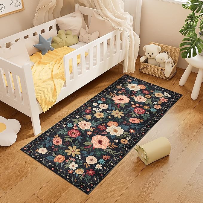 DUKINO 2x5 Runner Rug, Floral Washable Rug for Kitchen Non Slip, Black | Low Pile, Soft, Stain Resistant Indoor Rug Runner for Entryway, Hallway, Bedroom, Bathroom, Laundry, Pet Friendly, Home Decor
