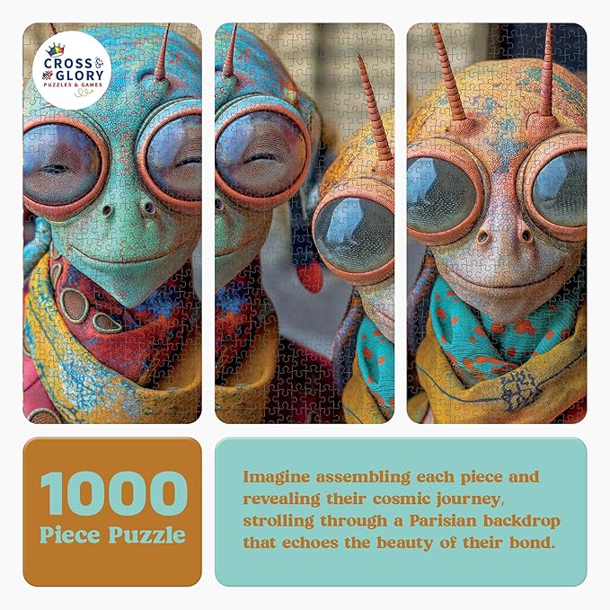 Cross & Glory - Meet The Aliens: Elara and Nox - 1000 Piece Jigsaw Puzzle for Adults | Cosmic Love Story Puzzle | Unique Alien Artwork Puzzle