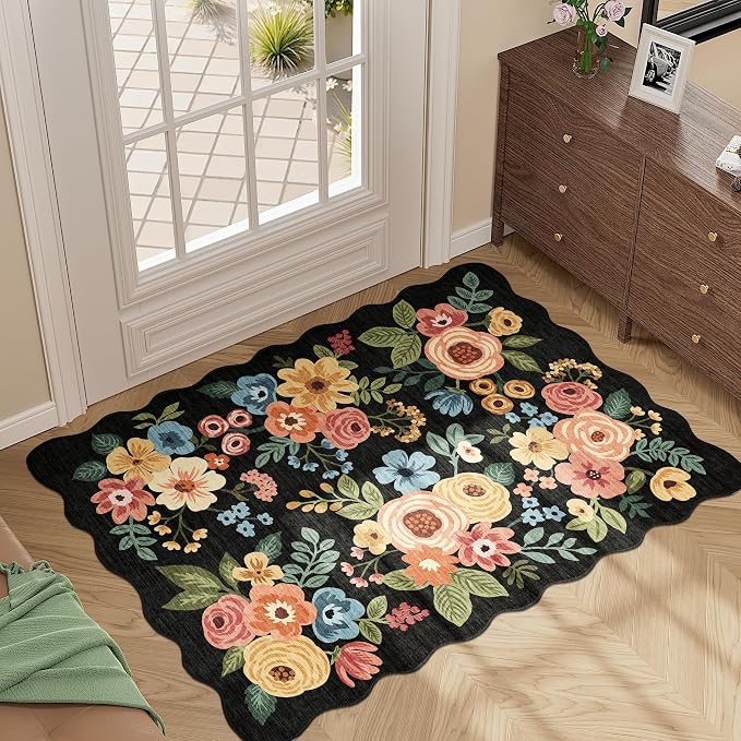 DUKINO 2x3 Rugs for Entryway, Floral Door Mat Washable Kitchen Rugs, Black | Non Slip, Low Pile, Soft Small Rugs for Entrance, Bedroom, Bathroom, Laundry, Pet Friendly, Non-Shedding, Modern Home Decor