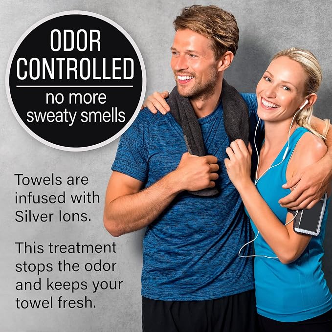 Black Organic Cotton Gym Towel for Men and Women - Silver Infused Sweat Towel, 500 GSM, 31.5"x15.75" - Soft Absorbent Workout Towel for Gym Yoga Sports, Exercise Towel