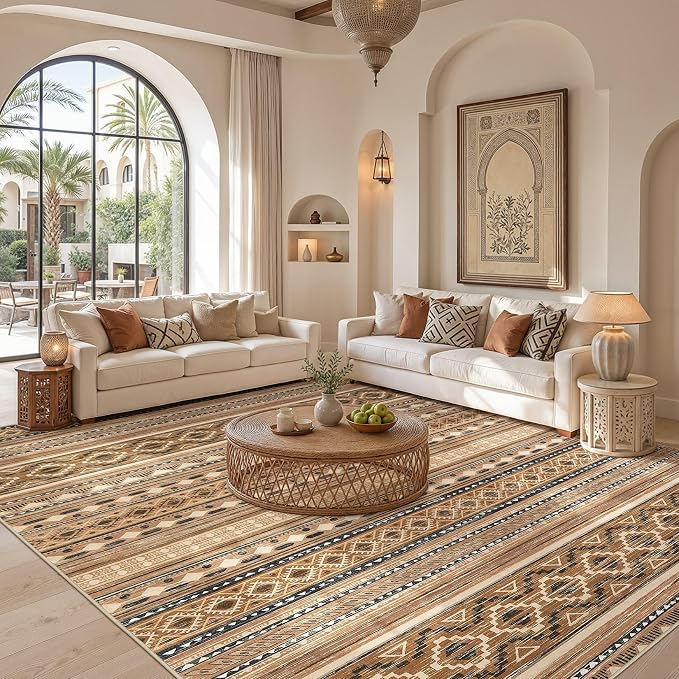 cotiled 7x9 Area Rugs Living Room Rug: Washable Boho Rugs with Non Slip Backing Large Soft Indoor Stain Resistant Carpet for Bedroom Farmhouse Dining Room Lightweight Home Decor Brown/Beige