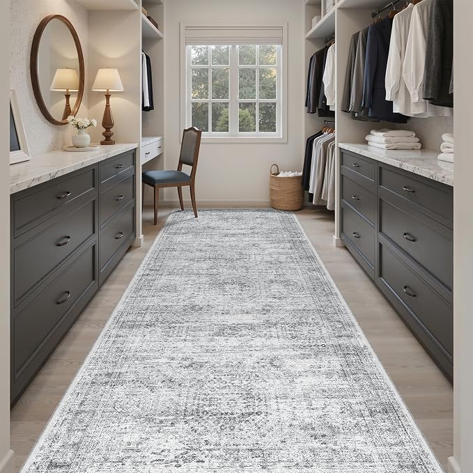 Soalmost Washable Hallway Runner Rug 4x10 Kitchen Entry Rugs Non-Slip, Grey | Vintage Wide Runners for Living Dining Room Entryway, Stain Resistant Low-Pile Long Floor Carpet 10ft for Corridor Bedroom