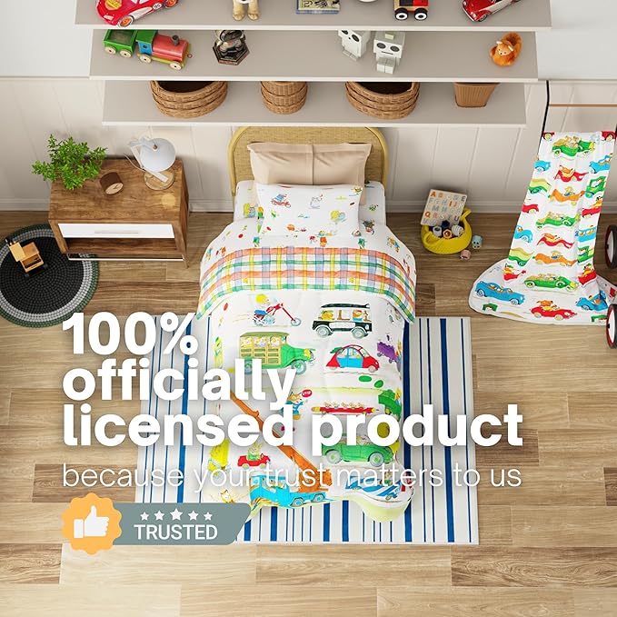 Richard Scarry's Cars & Trucks Book Kids Bedding Set, Twin Size, 4-Piece Super Soft Cozy Reversible Comforter & Sheet Set (Officially Licensed Product) by Franco | Durable, Reversible, Officially Licensed