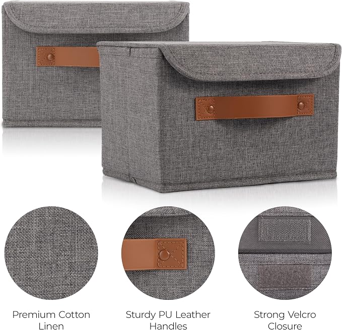 Decorative Linen Storage Boxes with Lids - Spacious Set of 2 Organizer Bins | The Perfect Small Container for Home Decor - Safely Store Photos, Documents and Memory Box Keepsakes in Style