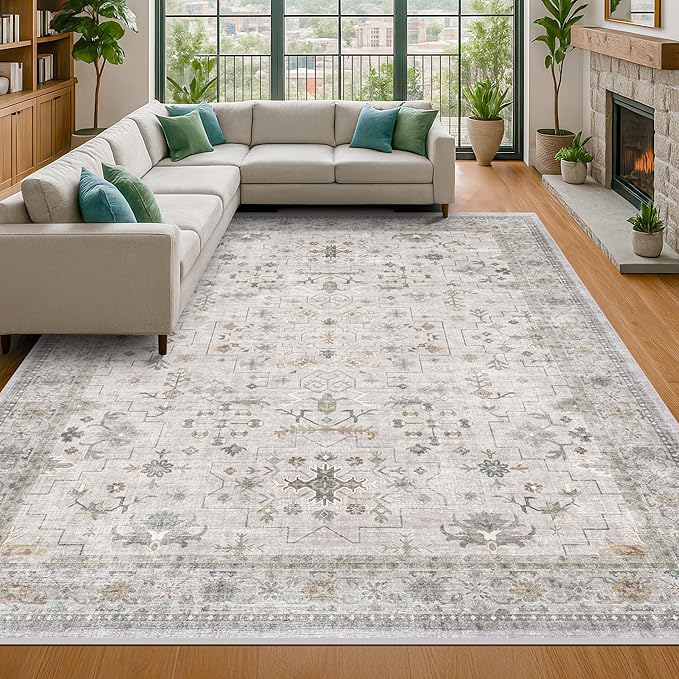 Large Light Gray & Sage 9x12 Living Room Rug - Vintage Floral Area Rug for Dining Room, Washable Low Pile Bedroom Carpet, Modern Eclectic Geometric Decor & Stain Resistance