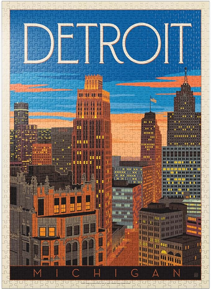 MyPuzzle Detroit, MI: Skyline, Vintage Poster - Premium 1000 Piece Jigsaw Puzzle for Adults