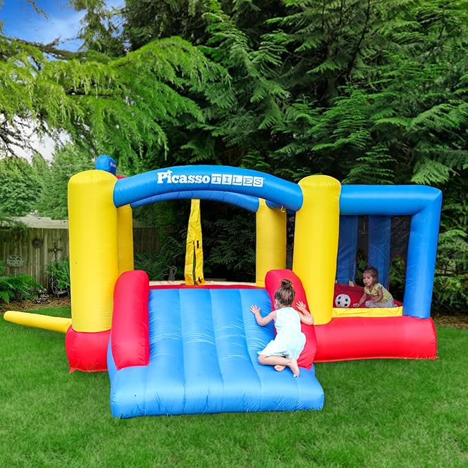 [Upgrade Version] PicassoTiles KC102 12x10 Foot Inflatable Bouncer Jumping Bouncing House, Jump Slide, Dunk Playhouse w/Basketball Rim, 4 Sports Balls, Full-Size Entry, 580W ETL Certified Blower