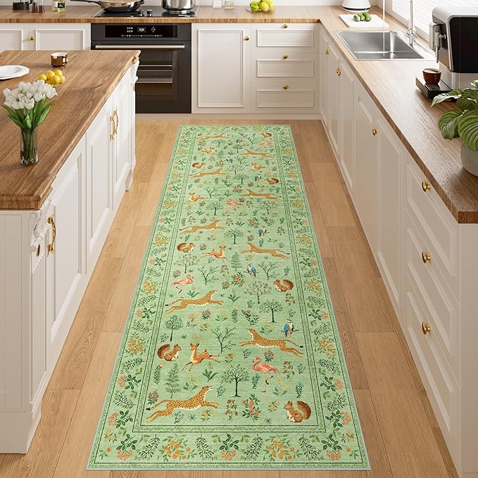 DUKINO 2x6 Runner Rug, Washable Animal Kitchen Rugs Non Slip, Light Green | Soft, Low Pile, Stain Resistant Indoor Carpet for Hallway, Entryway, Bedroom, Bathroom, Laundry,Pet Friendly, Lightweight
