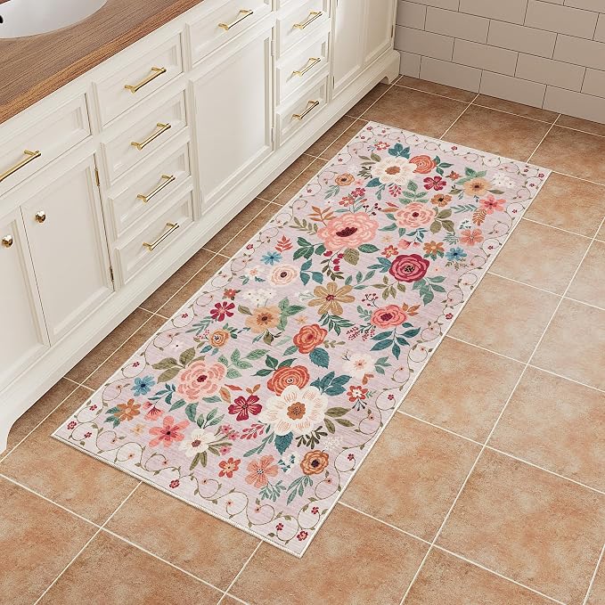 DUKINO 2x4 Entryway Rug, Floral Washable Kitchen Rugs Non Slip, Beige | Low Pile, Soft Indoor Runner Rug for Hallway, Bedroom, Bathroom, Laundry, Pet Friendly, Modern Home Decor, Stain Resistant