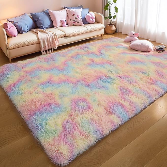 3x5 Rainbow Unicorn Rug for Girls Bedroom, Fluffy Shaggy Carpet | Area Rug for Living Room, Kids Nursery, Dorm Room, Classroom, Washable Non Slip Plush Shag Carpet