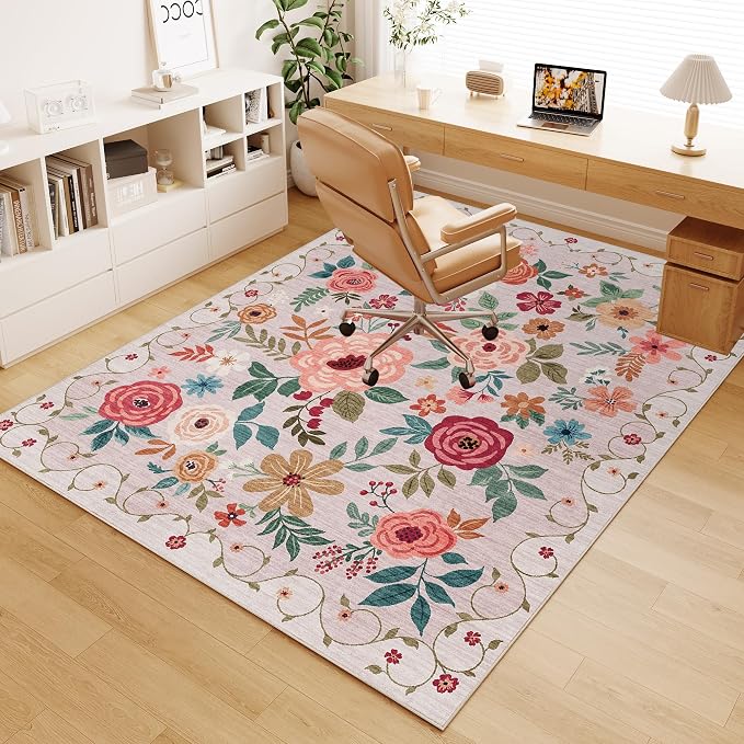 DUKINO 4x5 Area Rug for Entryway, Soft Floral Washable Rug Non Slip, Beige | Low Pile, Non-Shedding Indoor Carpet for Bedroom, Kitchen, Living Room, Nursery, Pet Friendly, Stain Resistant, Home Decor