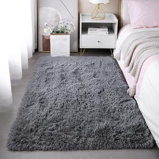 3x5 Grey Fluffy Shag Rug for Bedroom, Plush Washable Carpet | Area Rug for Living Room, Kids Nursery, Boys Girls Dorm Room, Non Slip Shaggy Floor Carpet