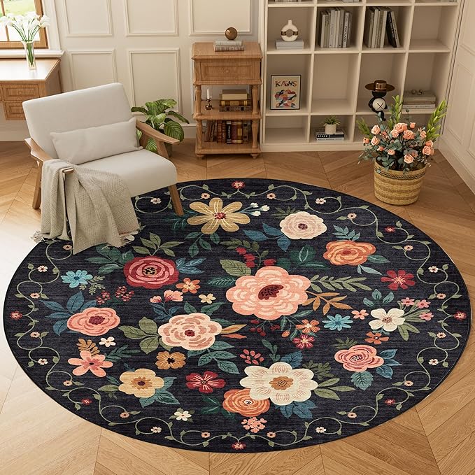 DUKINO 6ft Round Rug, Soft Washable Circle Rug for Bedroom Non Slip, Black | Low Pile, Stain Resistant Indoor Rug for Living Room, Dining Room, Kids Room, Office, Pet Friendly, Home Decor, Non-Shedding