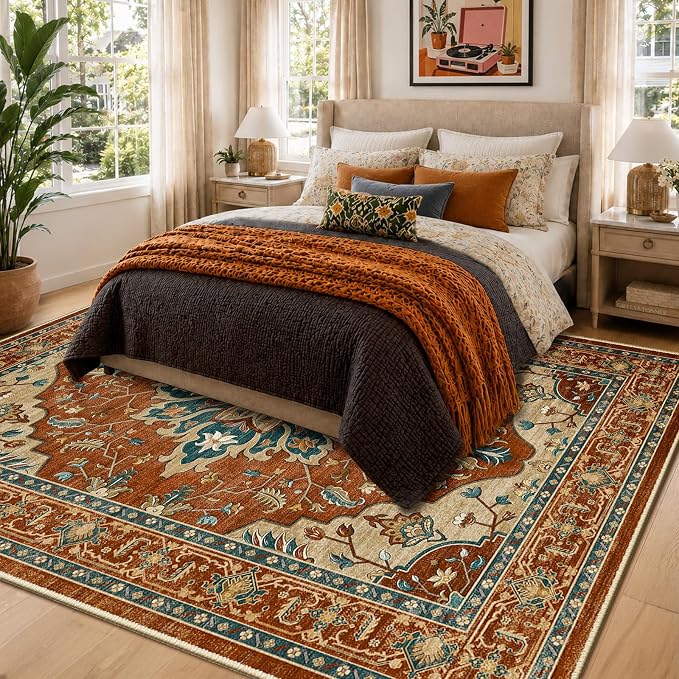 RELEANY Area Rugs 5'x7' Washable Non-Slip, Floral Vintage Distress Medallion Carpet for Living Room Bedroom Dining Room, Red Orange Blue Brown
