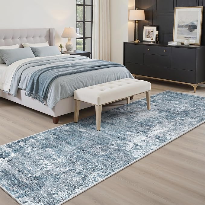 Soalmost Abstract Runner Rug 2x8 Washable Hallway Kitchen Runners Blue/Grey | Stain Resistant Vintage Rugs for Bathroom Laundry Room, Low Pile Foldable Floor Carpet Mat for Entryway Corridor Bedroom