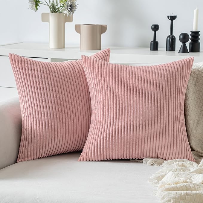 MIULEE Euro Corduroy Throw Pillow Covers Set of 2 24x24 Blush Pink | Soft Striped Textured Cushion Cases, Boho Square Lovely Cute Pillowcases, Home Decor for Couch Chair Sofa Bed Living Room