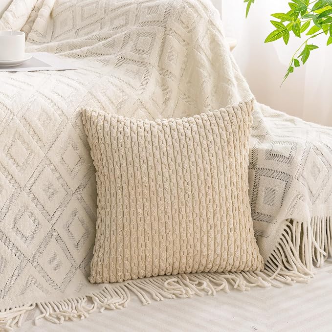 Set of 4 Beige Brown Coffee Decorative Throw Pillow Covers 20x20 Inch Corduroy Pillow Covers for Bed Couch Sofa Living Room Soft Square Cushion Cases