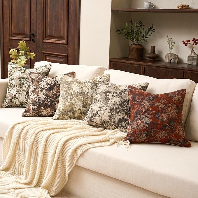 Neutral Floral Pillow Cover 24 x 24 Inches, Vintage Chenille Square Throw Pillow Cover Soft Decorative Farmhouse Accent Couch Pillow Cover for Living Room Bedroom, Coffee Brown