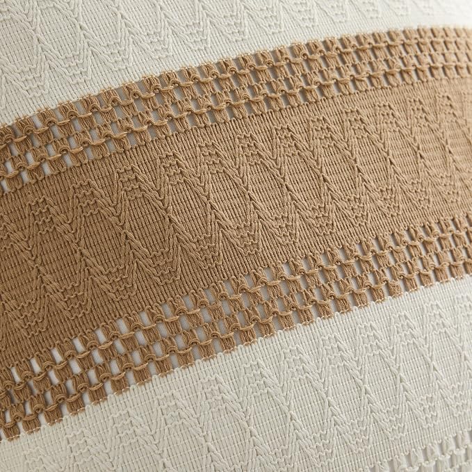 2pk Boho Pillow Covers 22x22, Natural White/Contrast/Brown | 100% Organic Cotton Body, Stripe Embroidery, Farmhouse Decorative Cushion Covers for Sofa Bed Living Room Home Decor