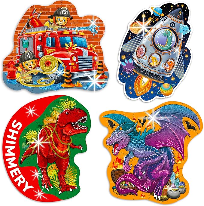 QUOKKA Shimmer Puzzles for Kids Ages 4-6 – 48 Piece Shaped Jigsaw Puzzles for Toddlers 3-5 – 4-Pack Dragon, Rocket, Firetruck & Dinosaur Children's Game Ages 4-8 – Unique Gift Toy for Preschoolers