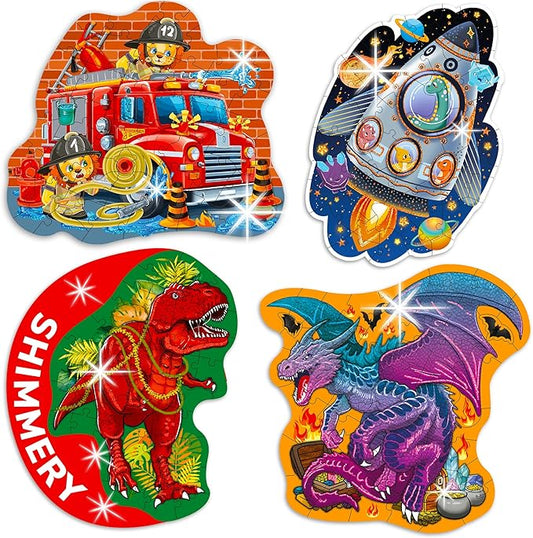 QUOKKA Shimmer Puzzles for Kids Ages 4-6 – 48 Piece Shaped Jigsaw Puzzles for Toddlers 3-5 – 4-Pack Dragon, Rocket, Firetruck & Dinosaur Children's Game Ages 4-8 – Unique Gift Toy for Preschoolers
