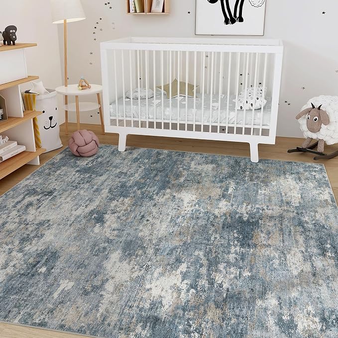 Nakagishi 9x12 Area Rugs Living Room: Washable Abstract Large Neutral Soft Rug Stain Resistant Modern Indoor Floor Non-Slip Carpet for Bedroom Nursery Kids Playroom Office Dining Room Dorm-Blue Brown