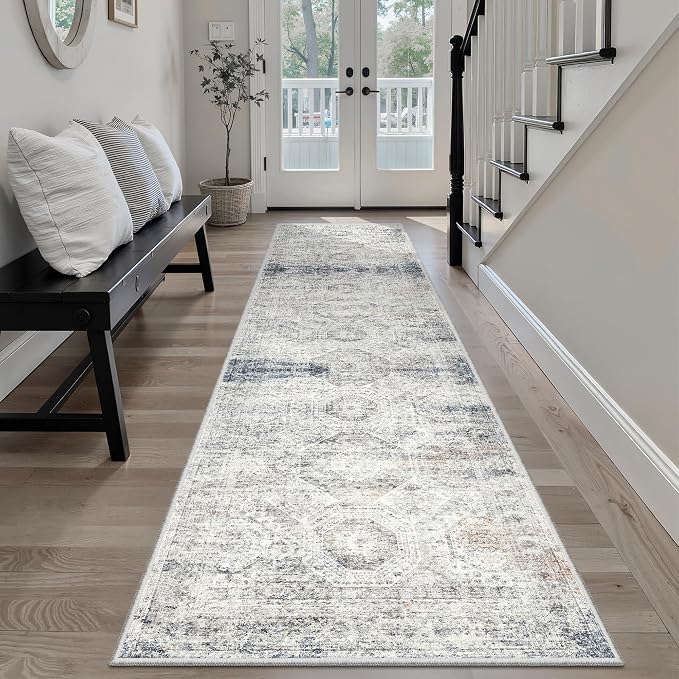 Soalmost Runner Rug 2x8 Washable Hallway Kitchen Runners Blue/Ivory | Non-Slip Vintage Rugs for Bathroom Laundry Room, Soft Low Pile Foldable Floor Carpet Mat for Entryway Corridor Bedroom