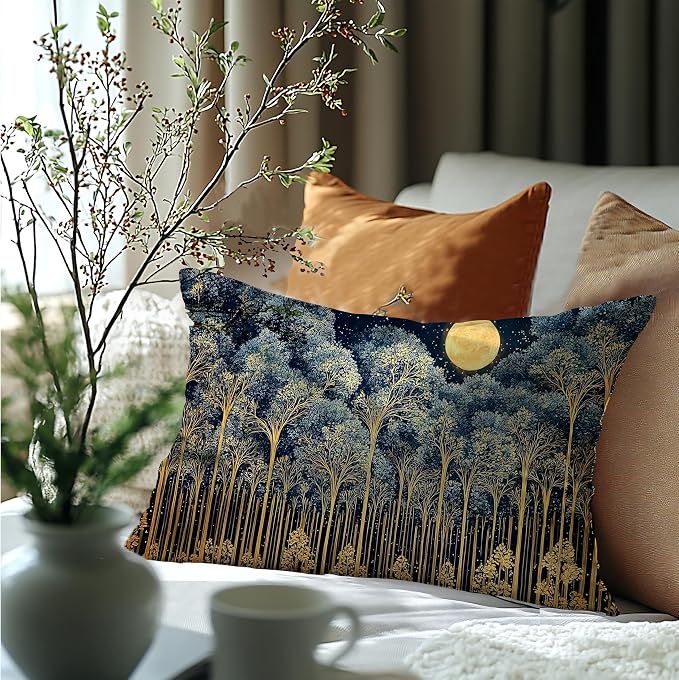 Rustic William Morris Night Forest Moon Decor Pillow Covers 20x12,Vintage Dark Gold Botanical Nature Landscape Decorative Throw Pillow Covers for Home Bedroom Living Room