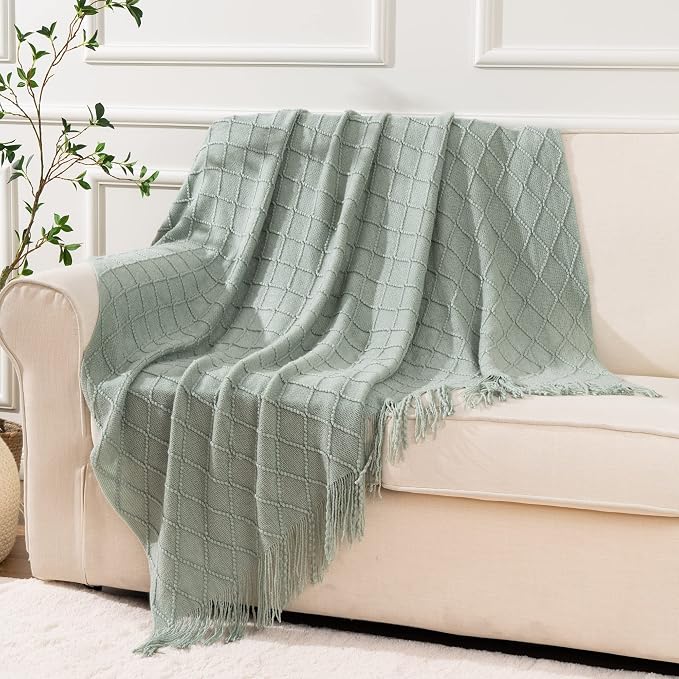 BATTILO HOME Sage Green Throw Blanket for Couch, Boho Bed Throws Blanket, Spring Decorative Light Blue Throw Blanket for Sofa Living Room, 52"x80"